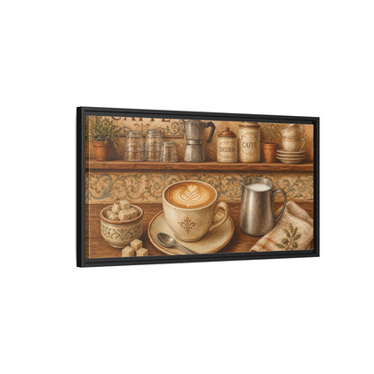Side Mockup 2. Rustic Cappuccino Counter shown as framed canvas print