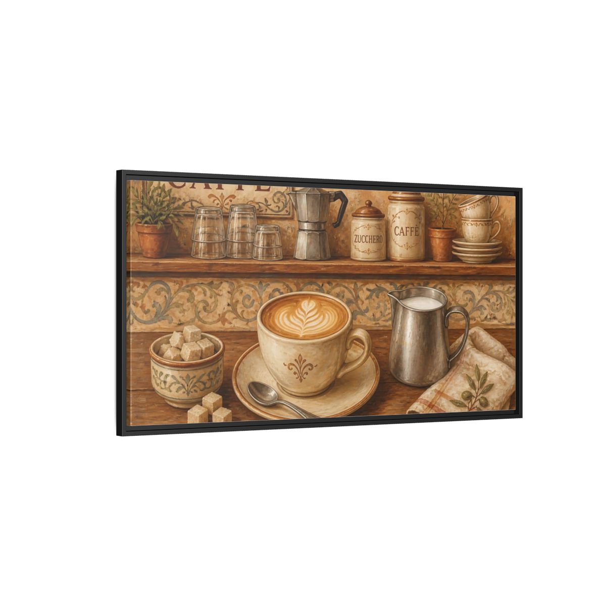 Side Mockup 5. Rustic Cappuccino Counter shown as framed canvas print