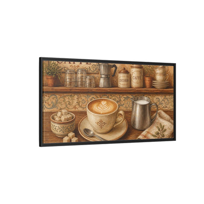 Side Mockup 5. Rustic Cappuccino Counter shown as framed canvas print