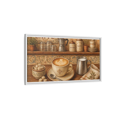 Side Mockup 1. Rustic Cappuccino Counter shown as framed canvas print