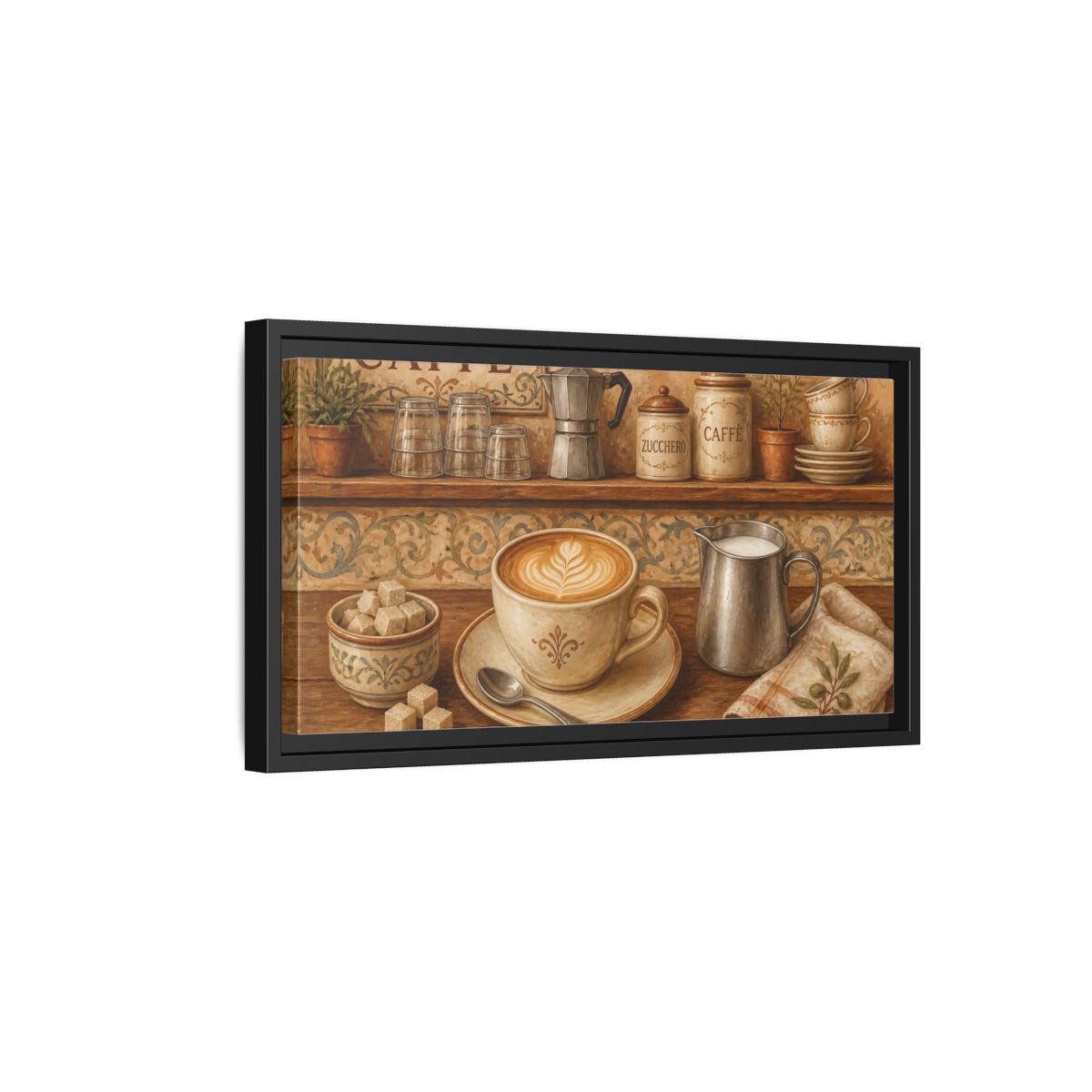 Side Mockup 8. Rustic Cappuccino Counter shown as framed canvas print