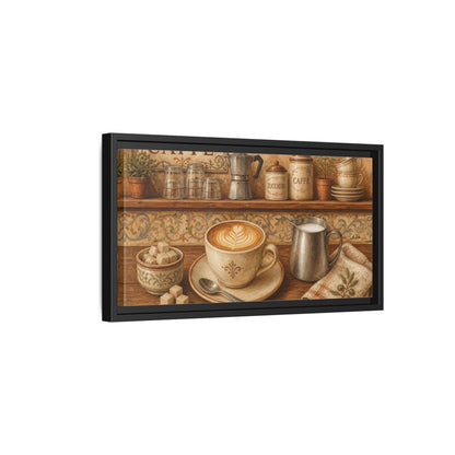 Side Mockup 8. Rustic Cappuccino Counter shown as framed canvas print