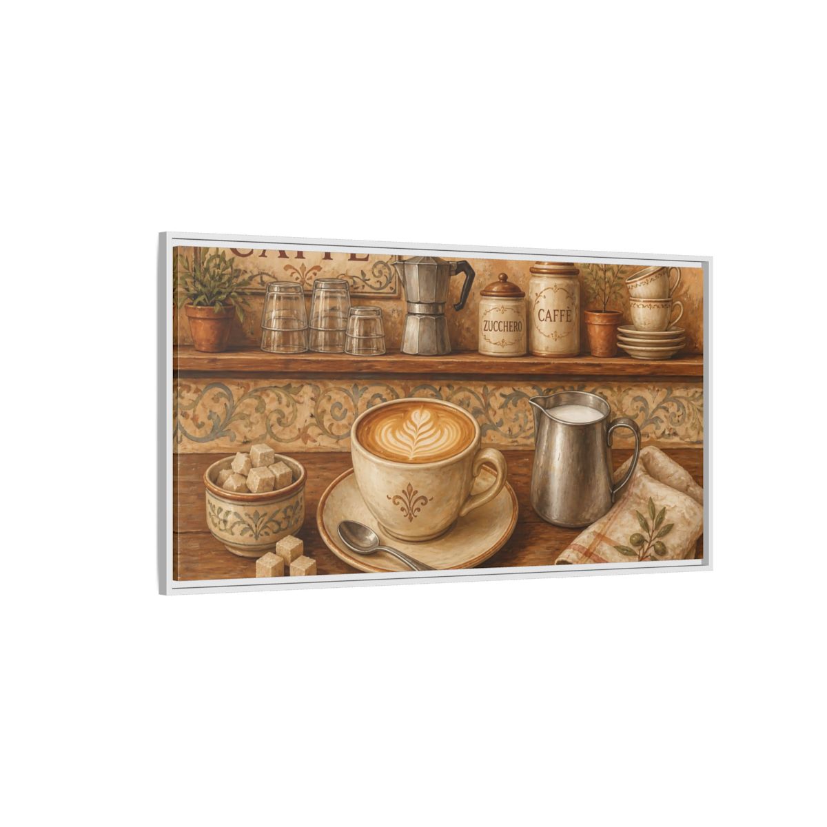 Side Mockup 3. Rustic Cappuccino Counter shown as framed canvas print