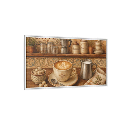 Side Mockup 3. Rustic Cappuccino Counter shown as framed canvas print