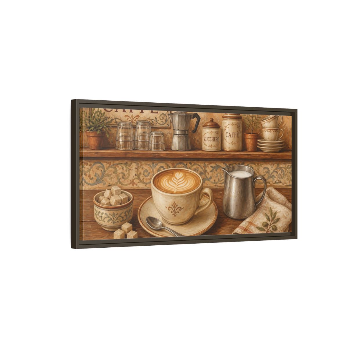 Main Mockup. Rustic Cappuccino Counter shown as framed canvas print