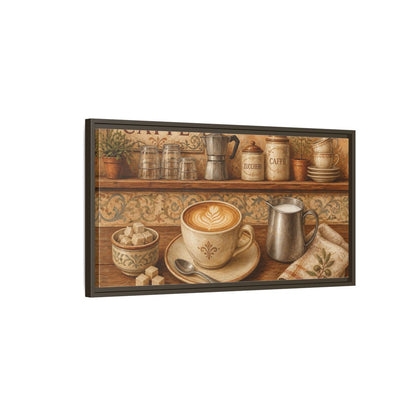 Main Mockup. Rustic Cappuccino Counter shown as framed canvas print