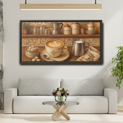 Mockup 2. Rustic Cappuccino Counter shown as framed canvas print