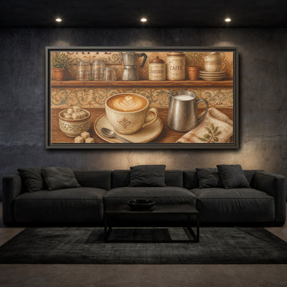 Mockup 3. Rustic Cappuccino Counter shown as framed canvas print