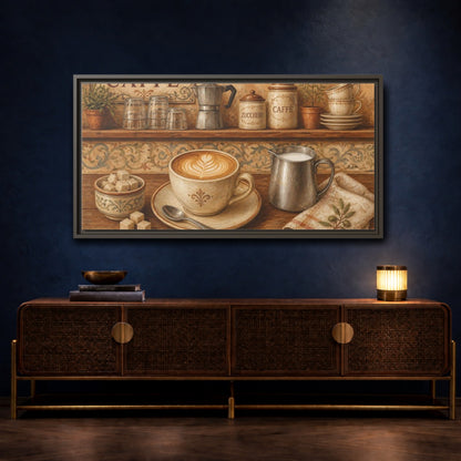 Mockup 4. Rustic Cappuccino Counter shown as framed canvas print