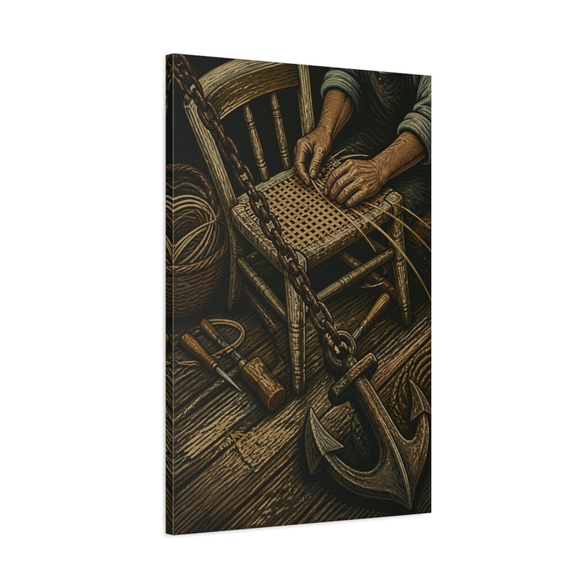 Main Mockup. Rustic Chair Caning shown as canvas print