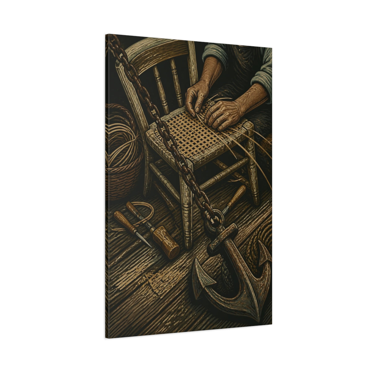 Side Mockup 1. Rustic Chair Caning shown as canvas print
