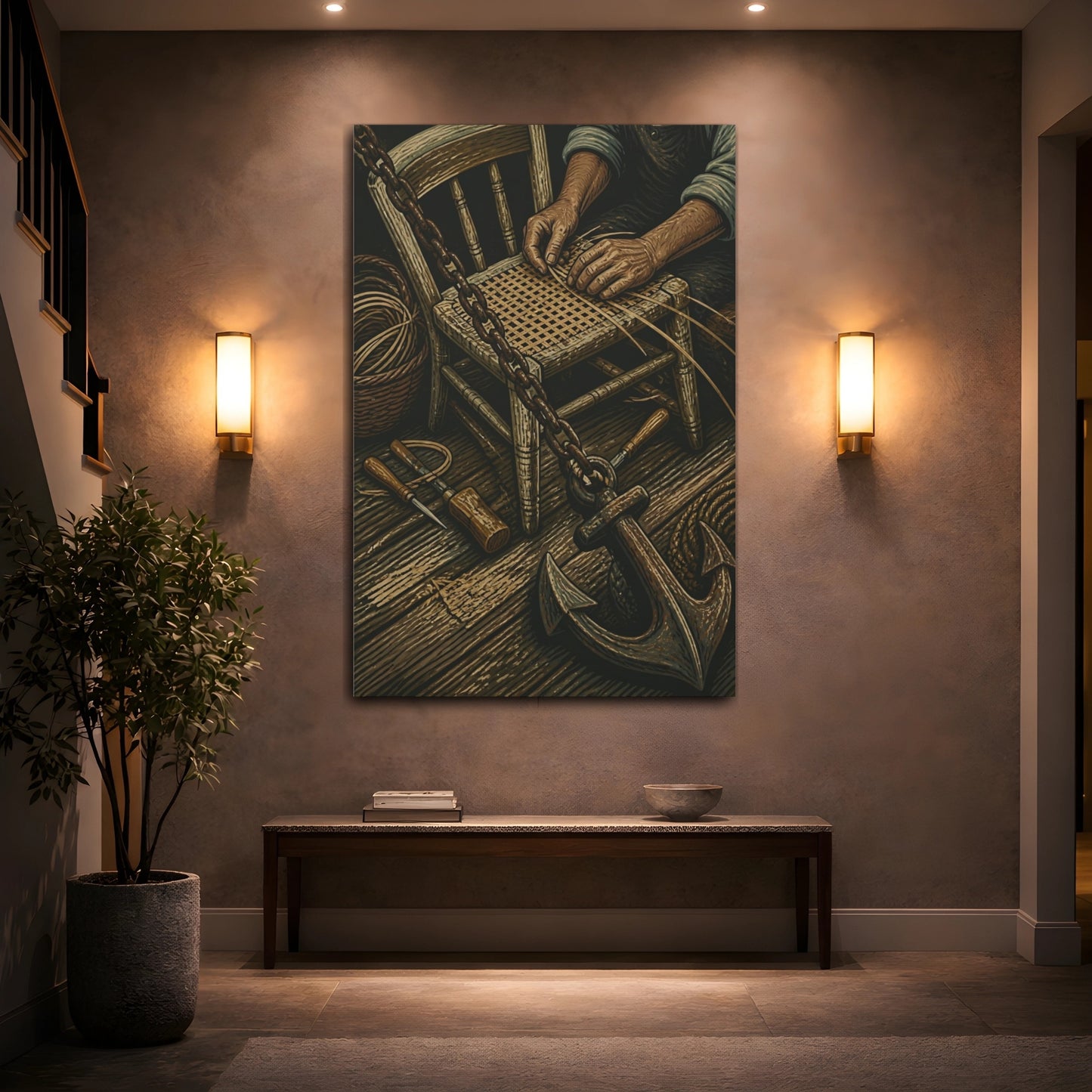 Mockup 2. Rustic Chair Caning shown as canvas print