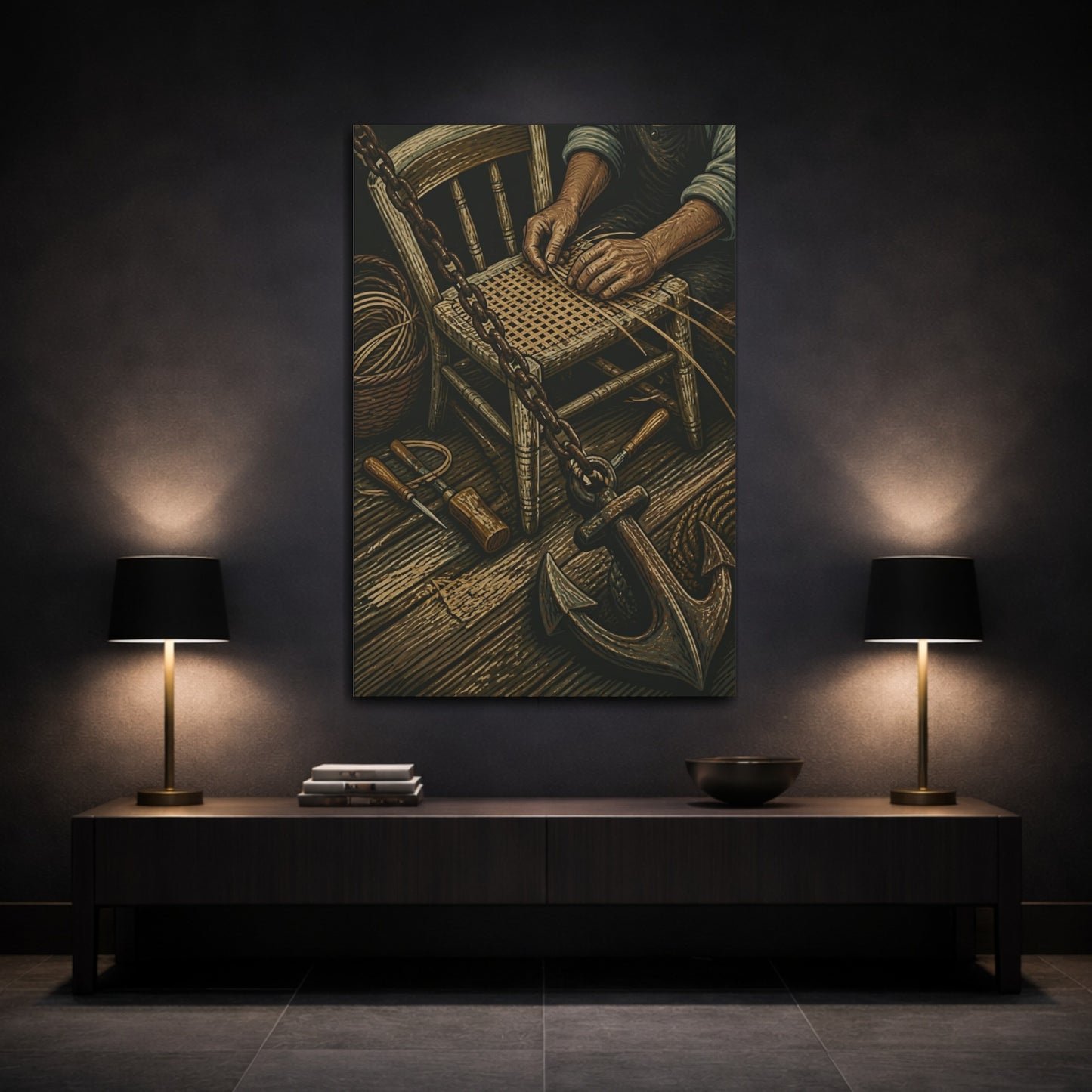 Mockup 3. Rustic Chair Caning shown as canvas print