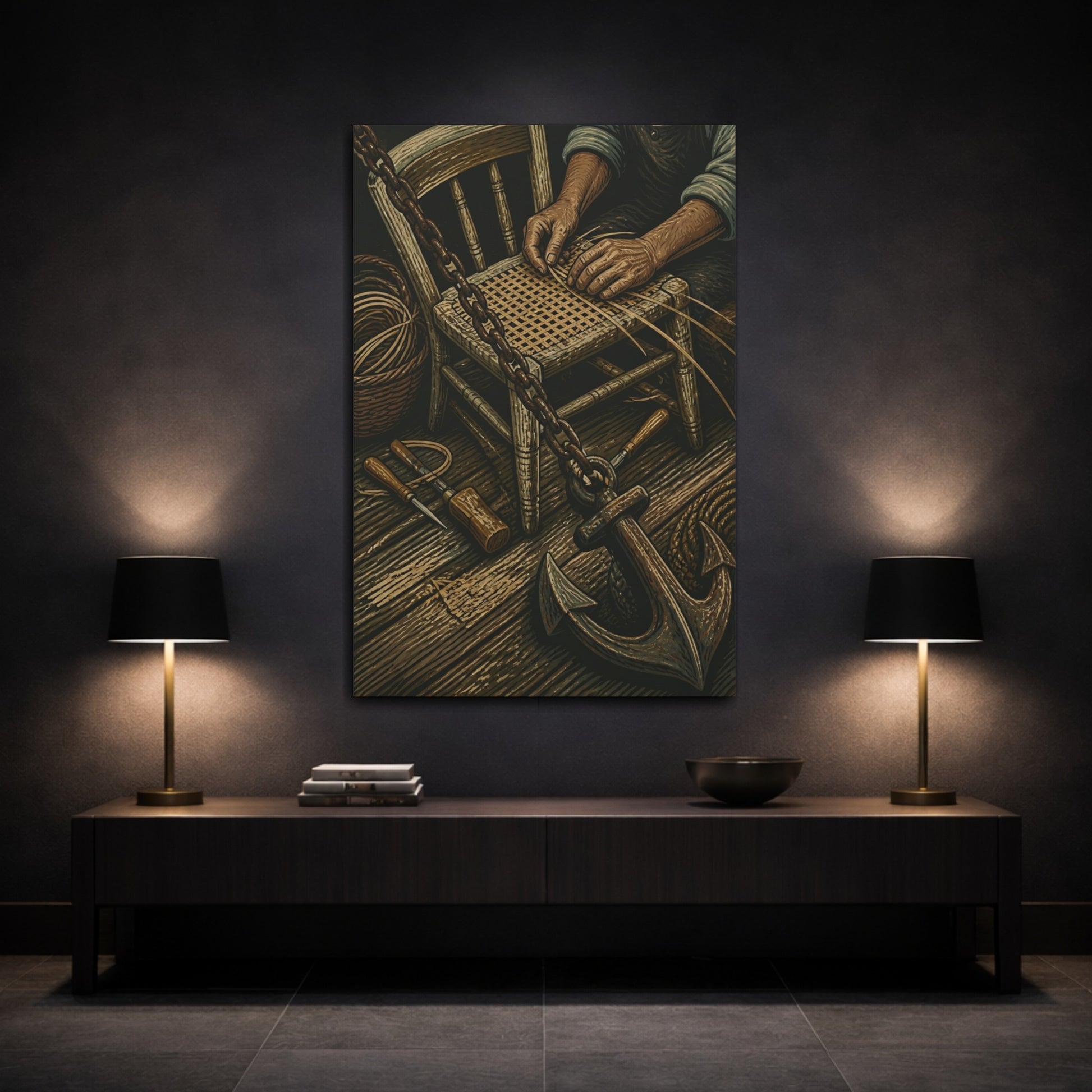 Mockup 3. Rustic Chair Caning shown as canvas print