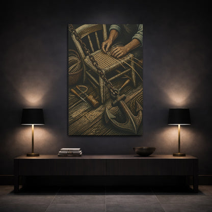 Mockup 3. Rustic Chair Caning shown as canvas print
