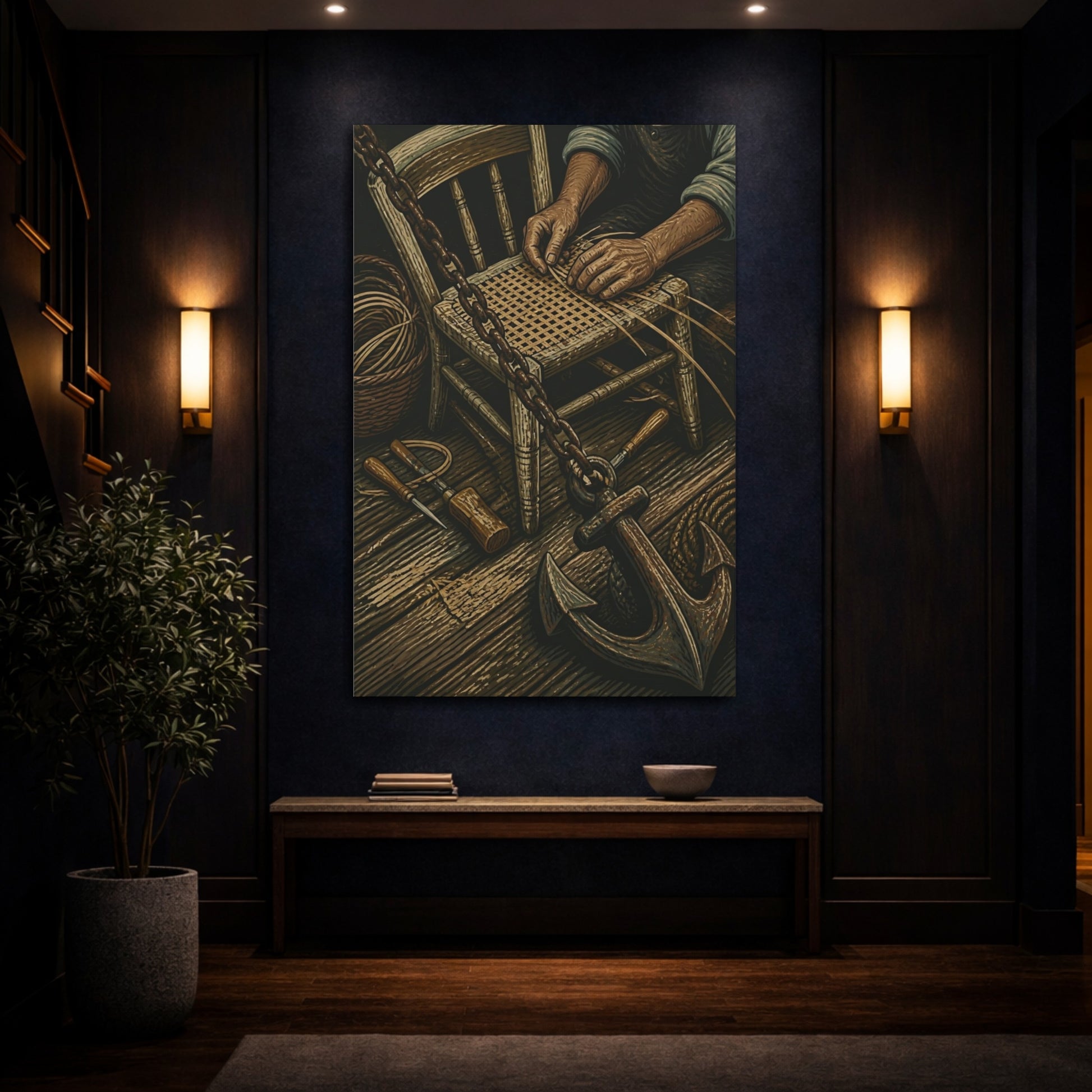 Mockup 4. Rustic Chair Caning shown as canvas print