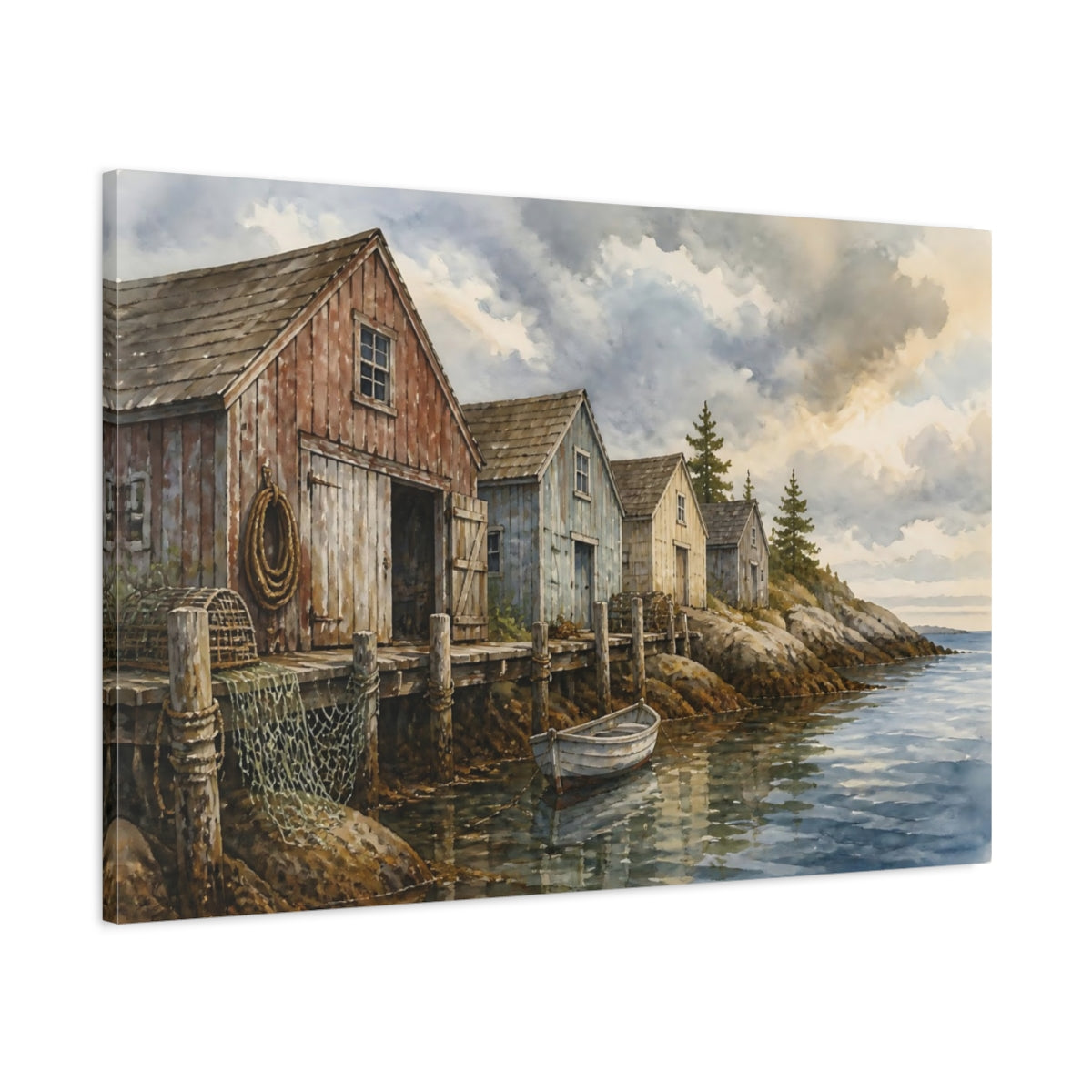Main Mockup. Rustic Coastal Boathouses shown as canvas print