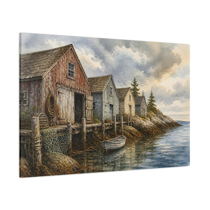 Side Mockup 1. Rustic Coastal Boathouses shown as canvas print