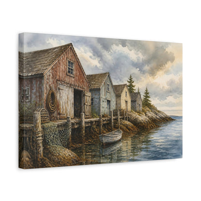 Side Mockup 4. Rustic Coastal Boathouses shown as canvas print