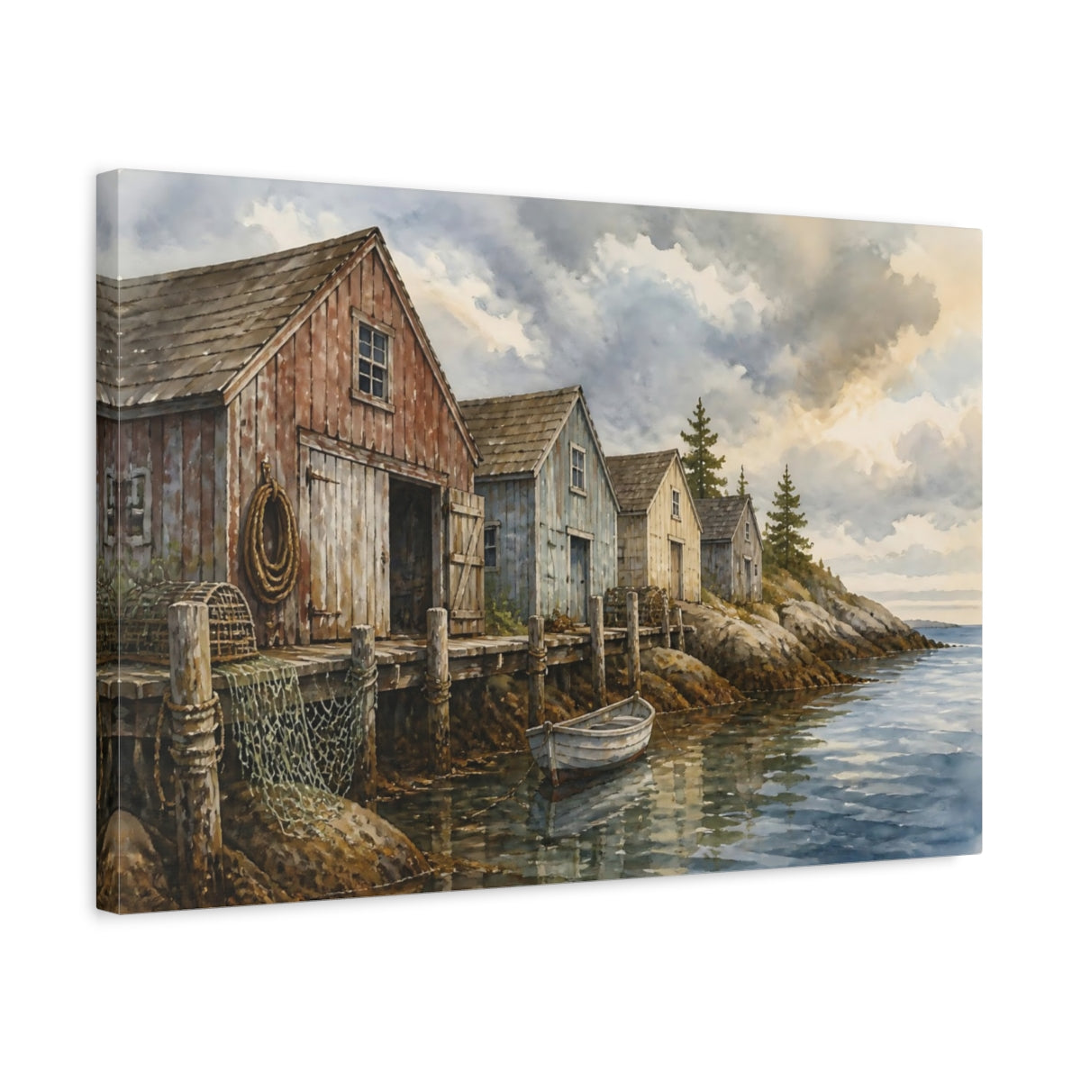 Side Mockup 3. Rustic Coastal Boathouses shown as canvas print