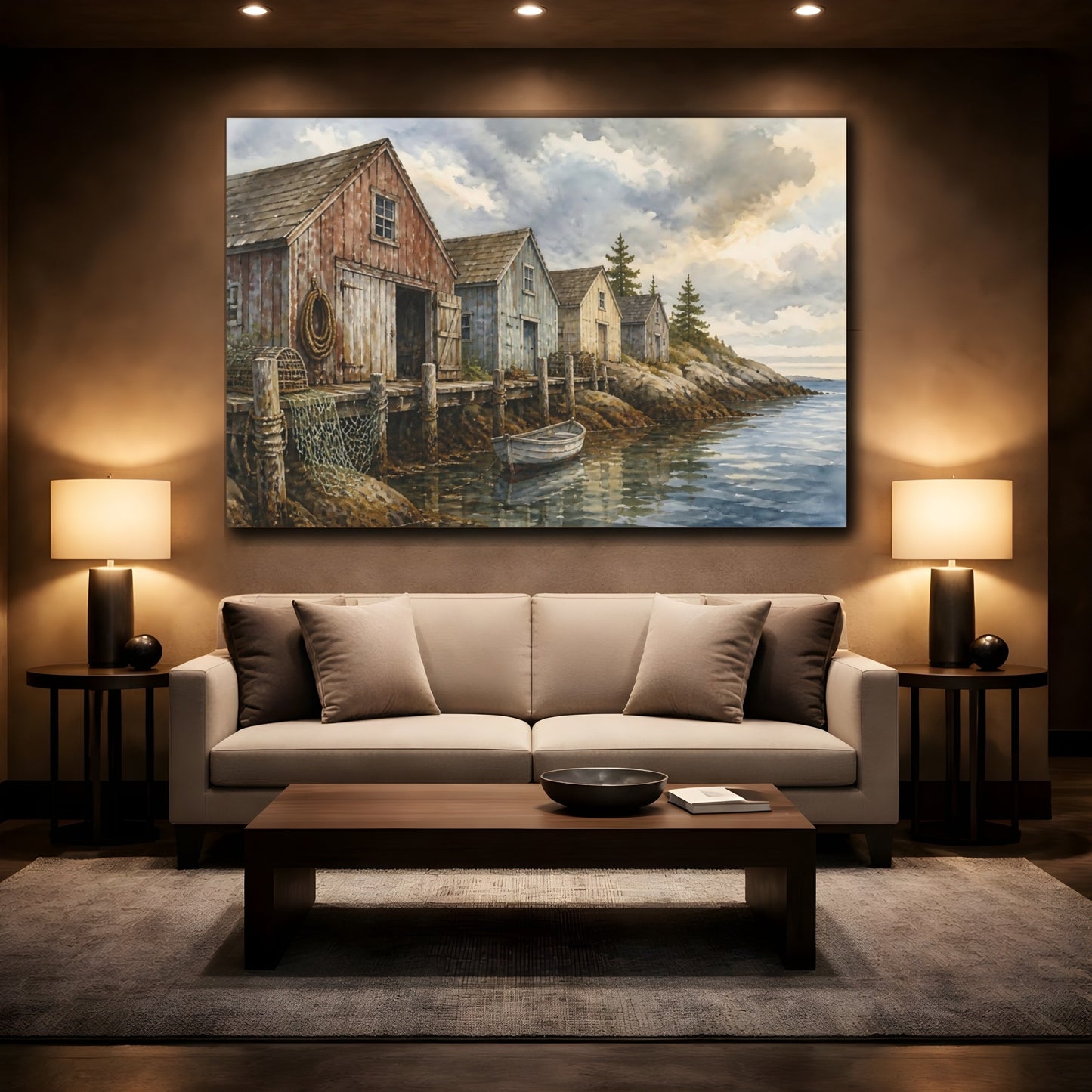 Mockup 2. Rustic Coastal Boathouses shown as canvas print