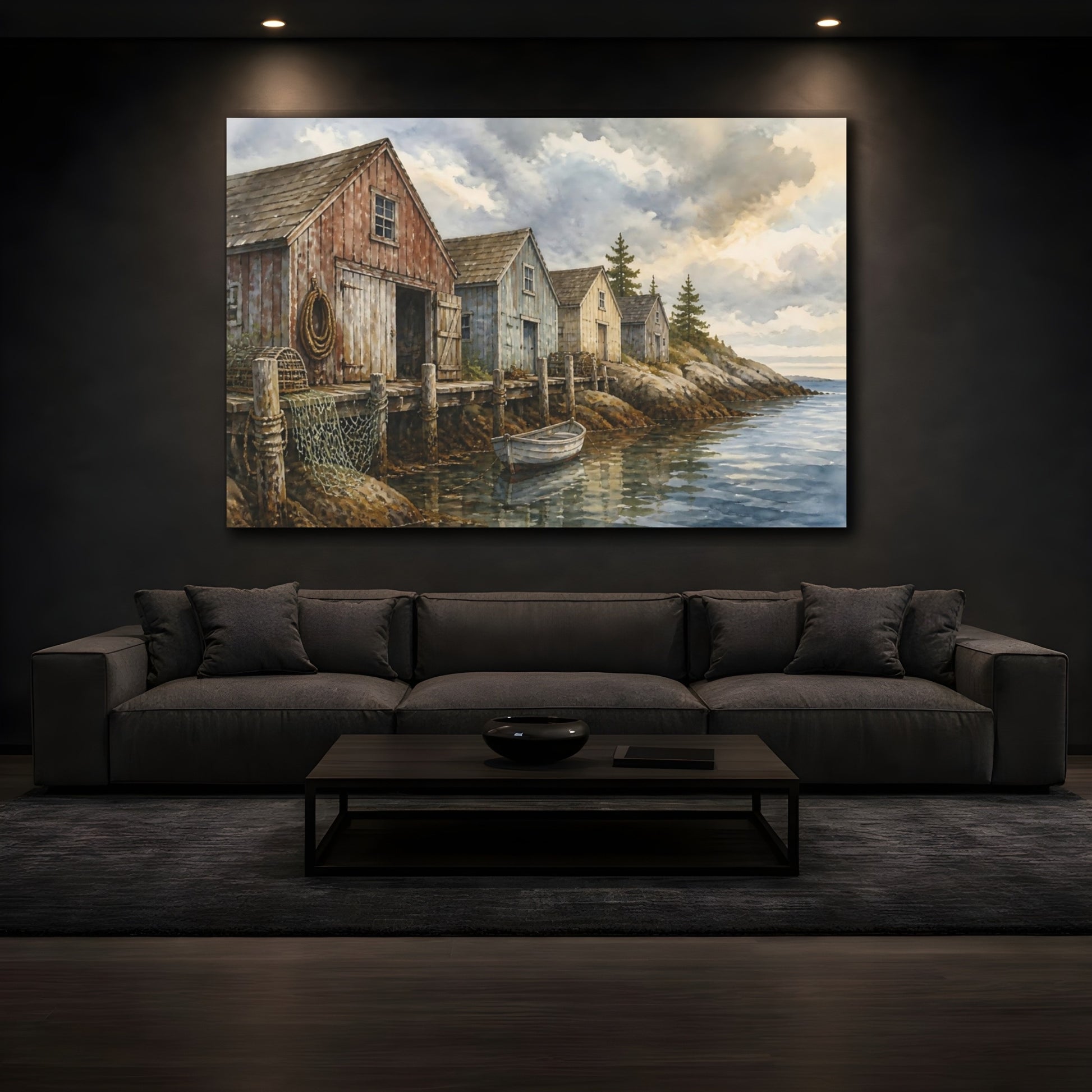 Mockup 3. Rustic Coastal Boathouses shown as canvas print