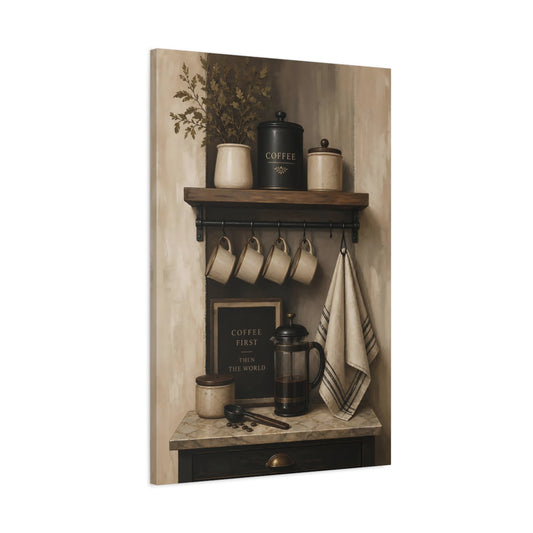 Main Mockup. Rustic Coffee Shelf shown as canvas print
