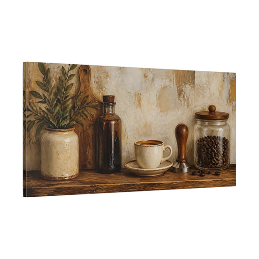 Main Mockup. Rustic Coffee Shelf shown as canvas print