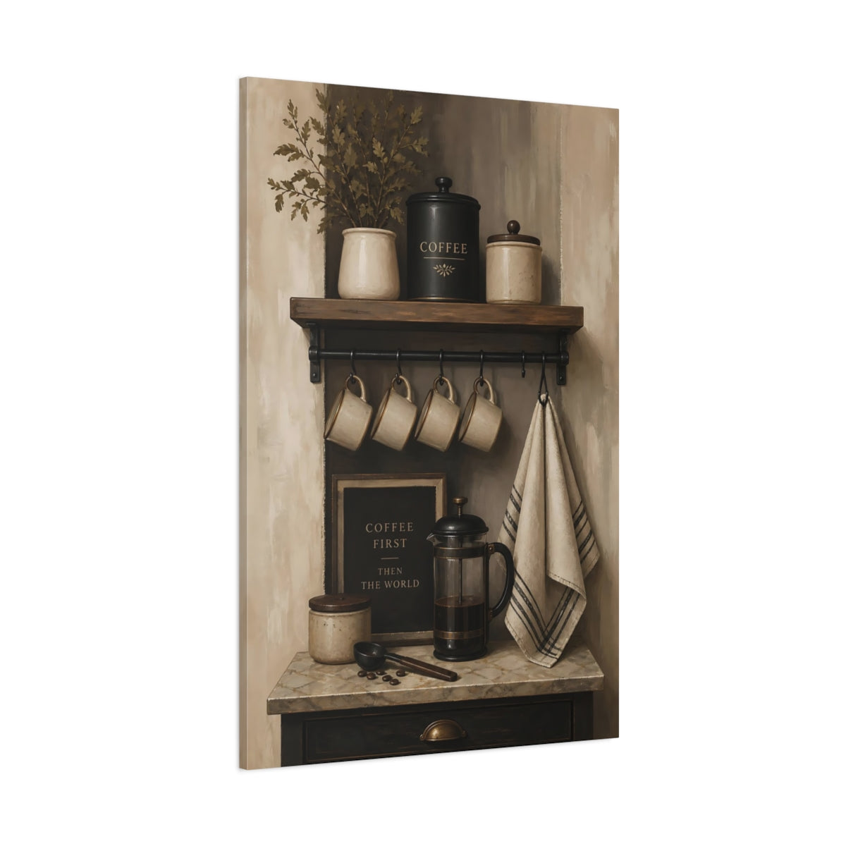 Side Mockup 1. Rustic Coffee Shelf shown as canvas print