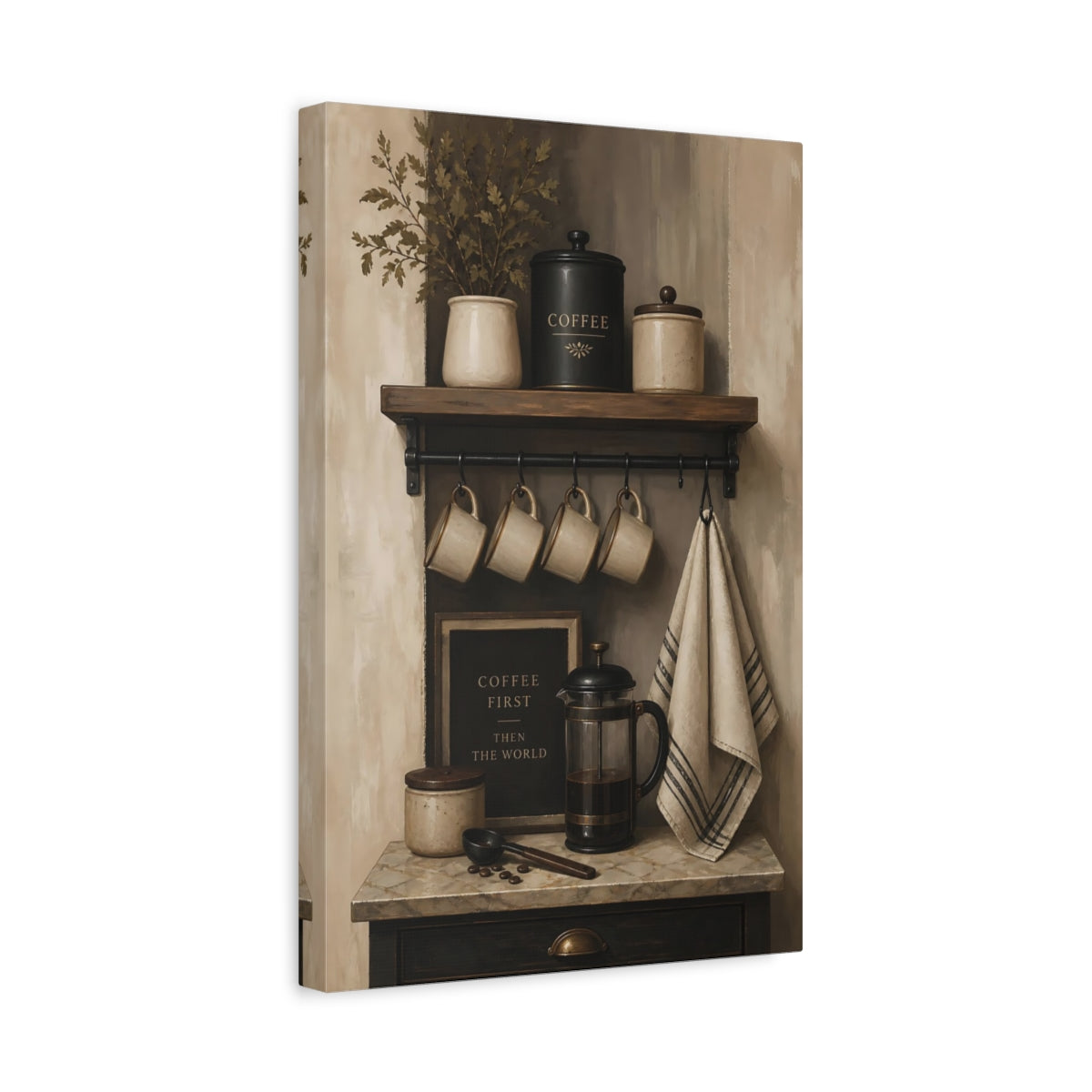 Side Mockup 4. Rustic Coffee Shelf shown as canvas print