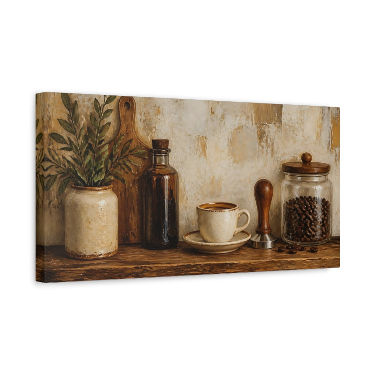 Side Mockup 3. Rustic Coffee Shelf shown as canvas print
