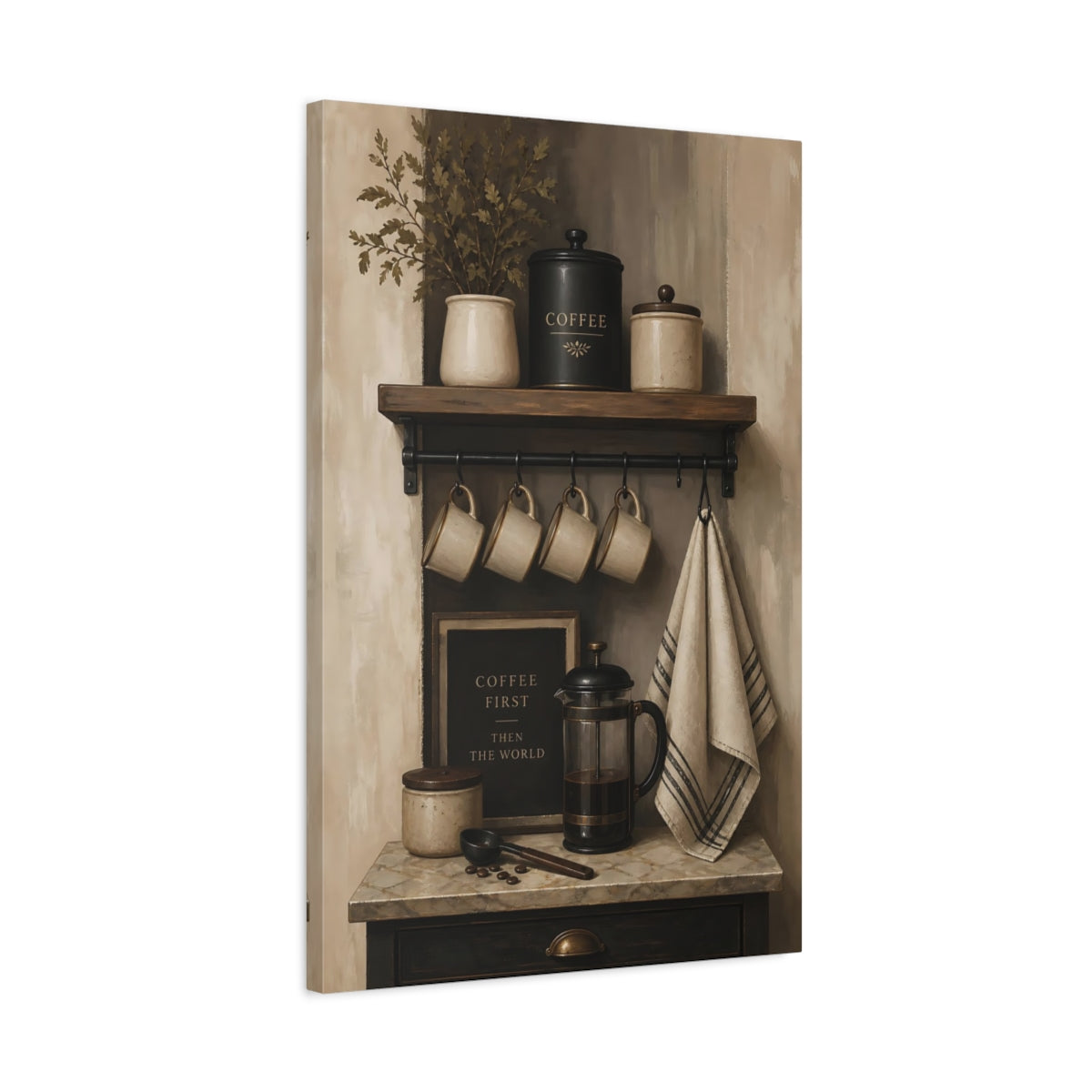 Side Mockup 2. Rustic Coffee Shelf shown as canvas print