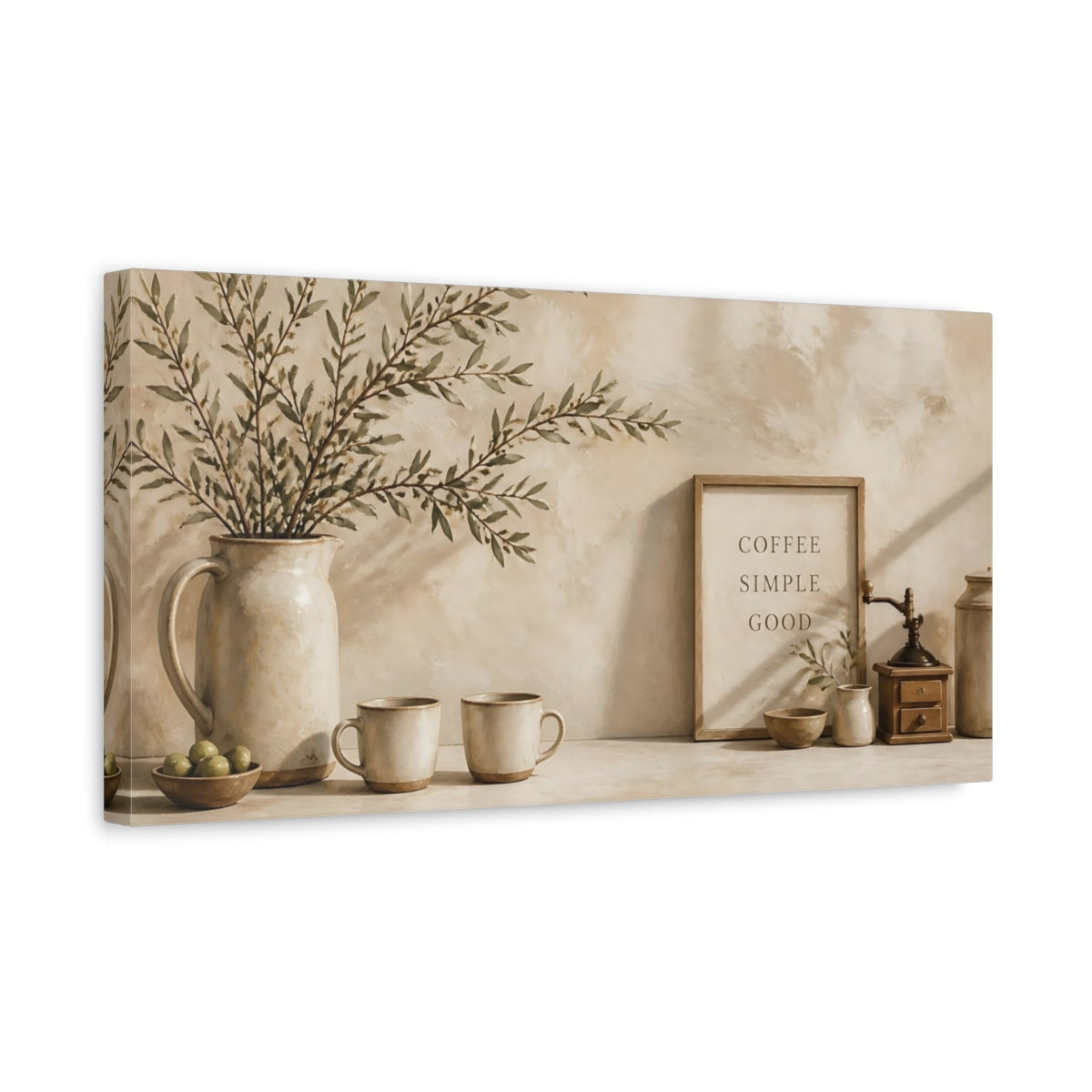 Side Mockup 3. Rustic Coffee Shelf shown as canvas print
