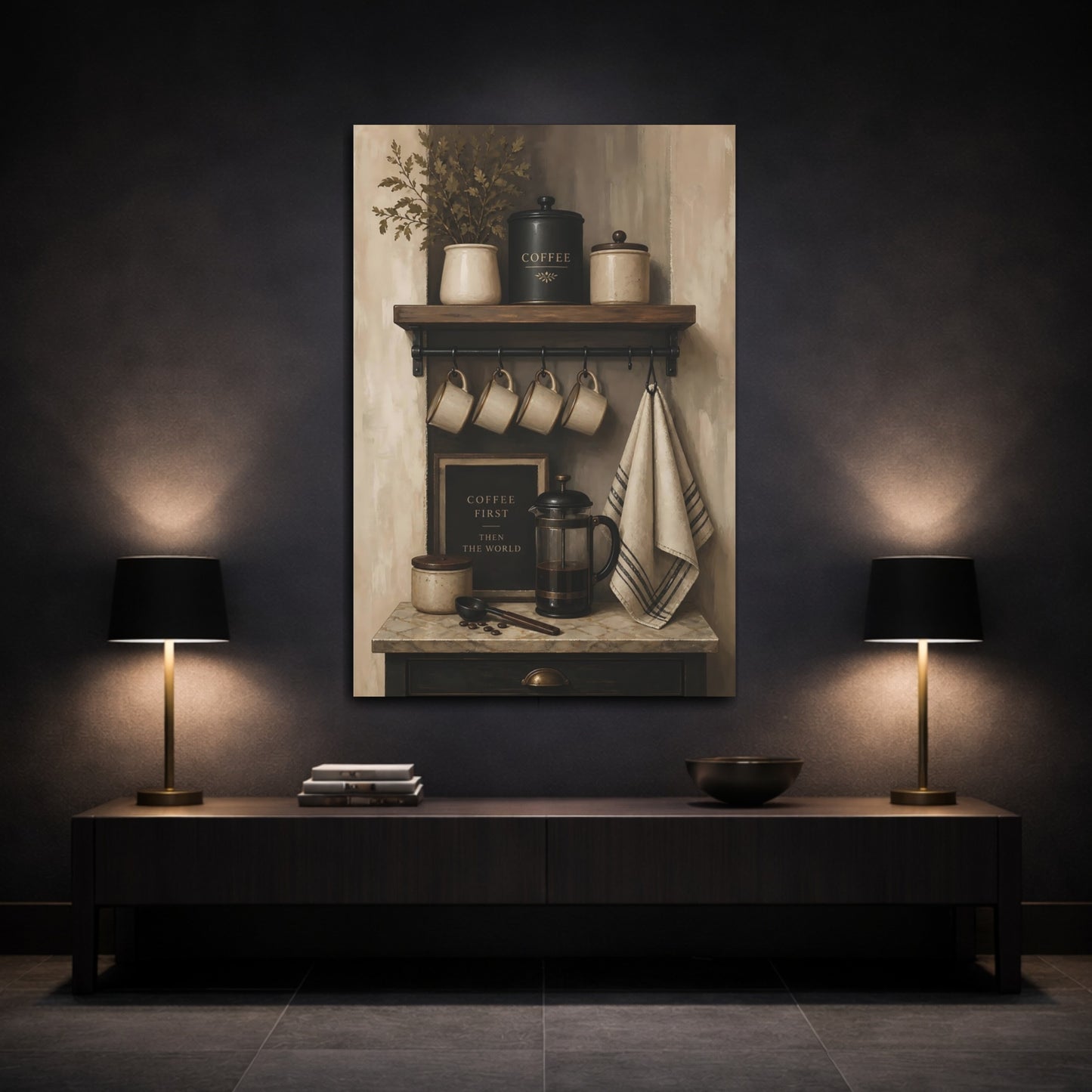 Mockup 3. Rustic Coffee Shelf shown as canvas print