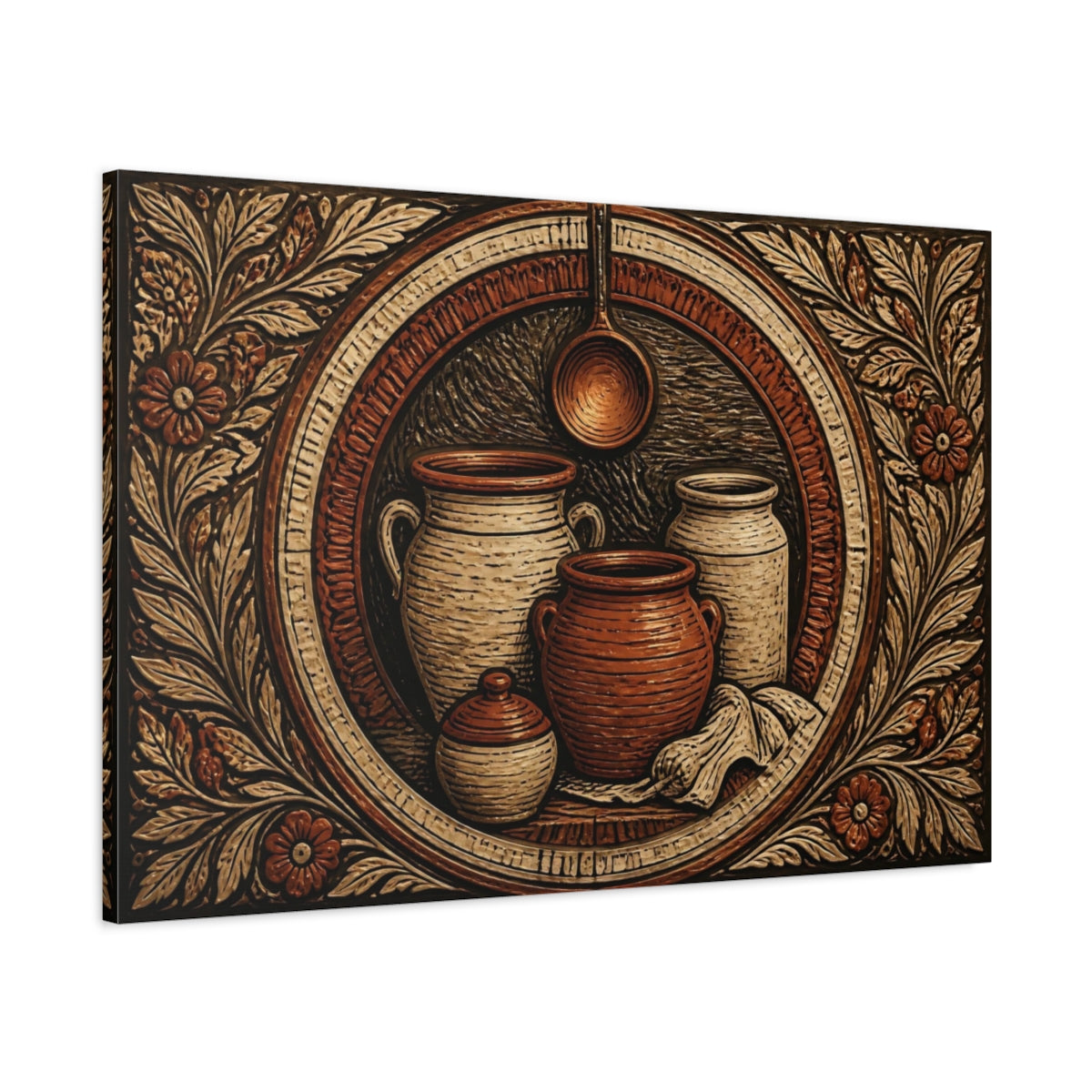 Main Mockup. Rustic Crocks And Ladle shown as canvas print