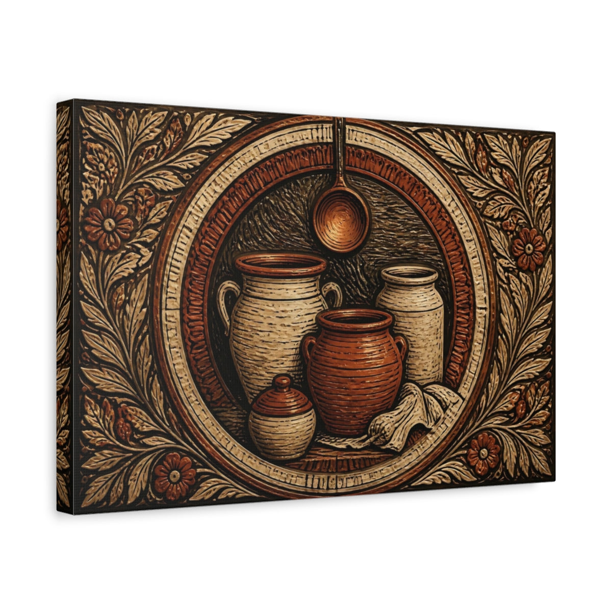 Side Mockup 4. Rustic Crocks And Ladle shown as canvas print