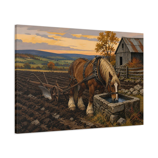 Main Mockup. Rustic Draft Horse At Trough shown as canvas print