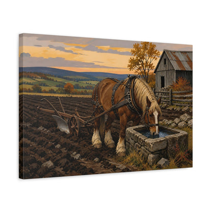 Side Mockup 3. Rustic Draft Horse At Trough shown as canvas print