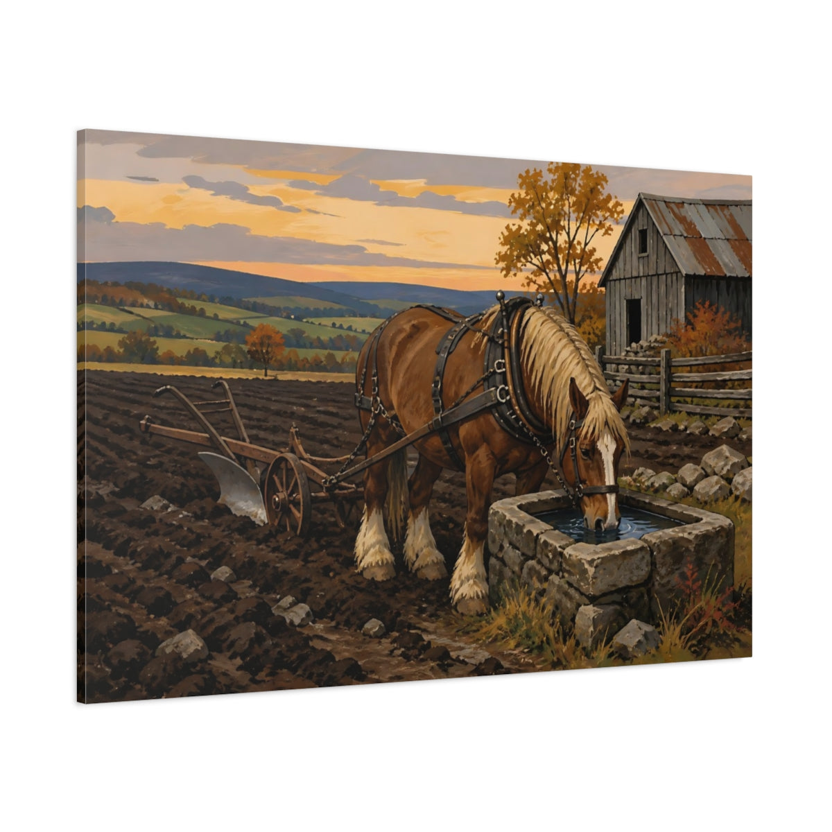 Side Mockup 1. Rustic Draft Horse At Trough shown as canvas print