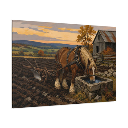 Side Mockup 1. Rustic Draft Horse At Trough shown as canvas print