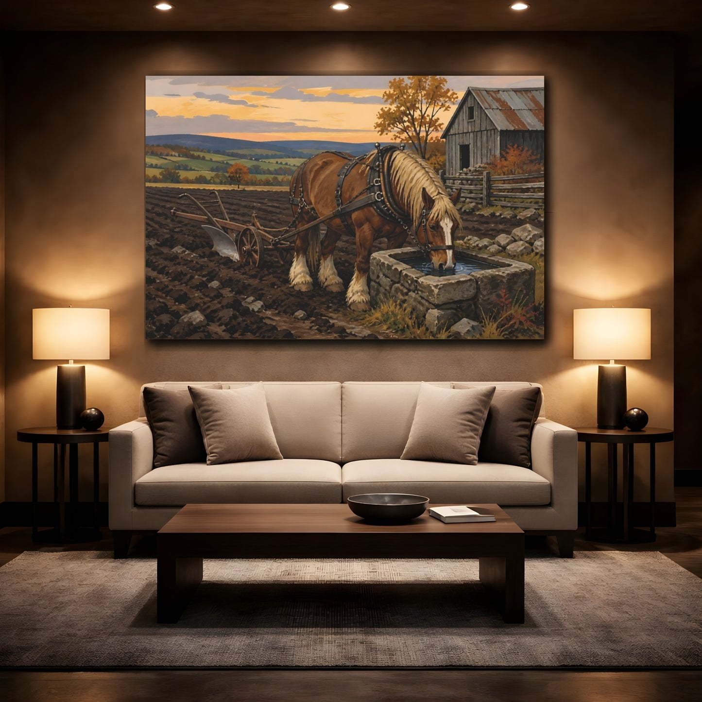 Mockup 2. Rustic Draft Horse At Trough shown as canvas print
