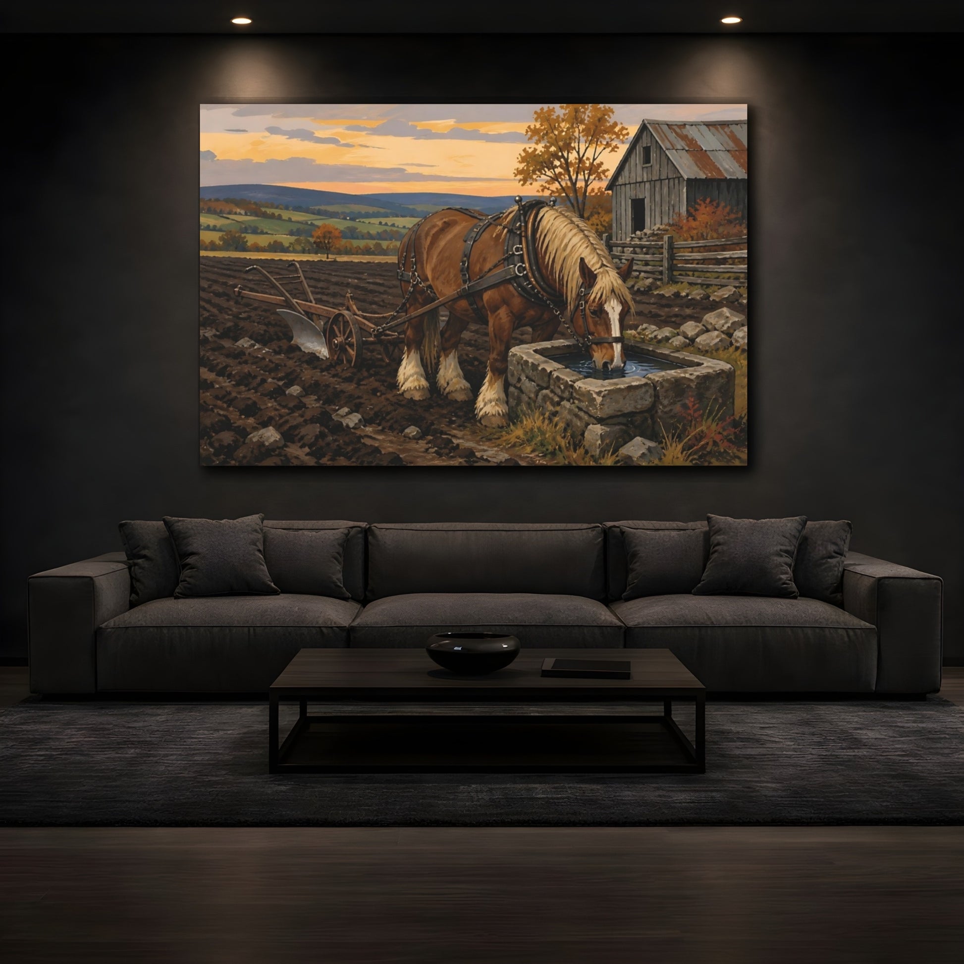 Mockup 3. Rustic Draft Horse At Trough shown as canvas print