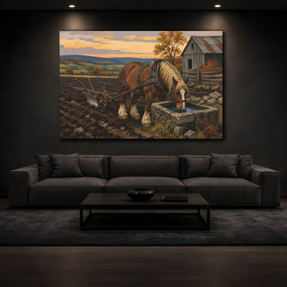 Mockup 3. Rustic Draft Horse At Trough shown as canvas print