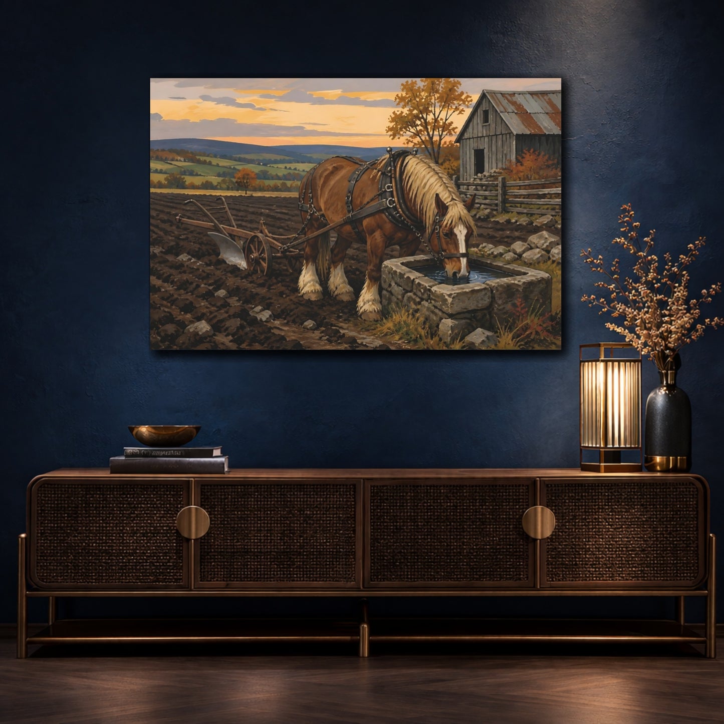 Mockup 4. Rustic Draft Horse At Trough shown as canvas print