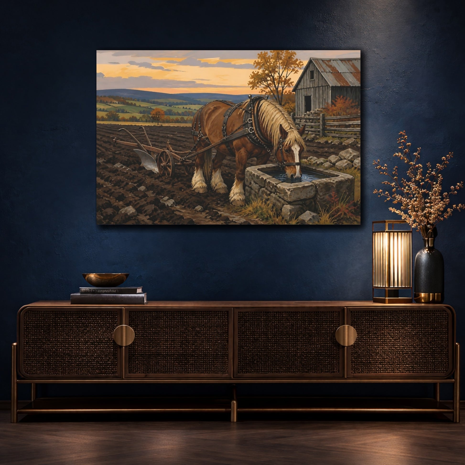 Mockup 4. Rustic Draft Horse At Trough shown as canvas print