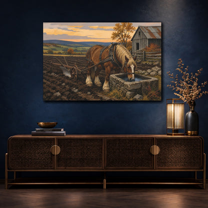 Mockup 4. Rustic Draft Horse At Trough shown as canvas print