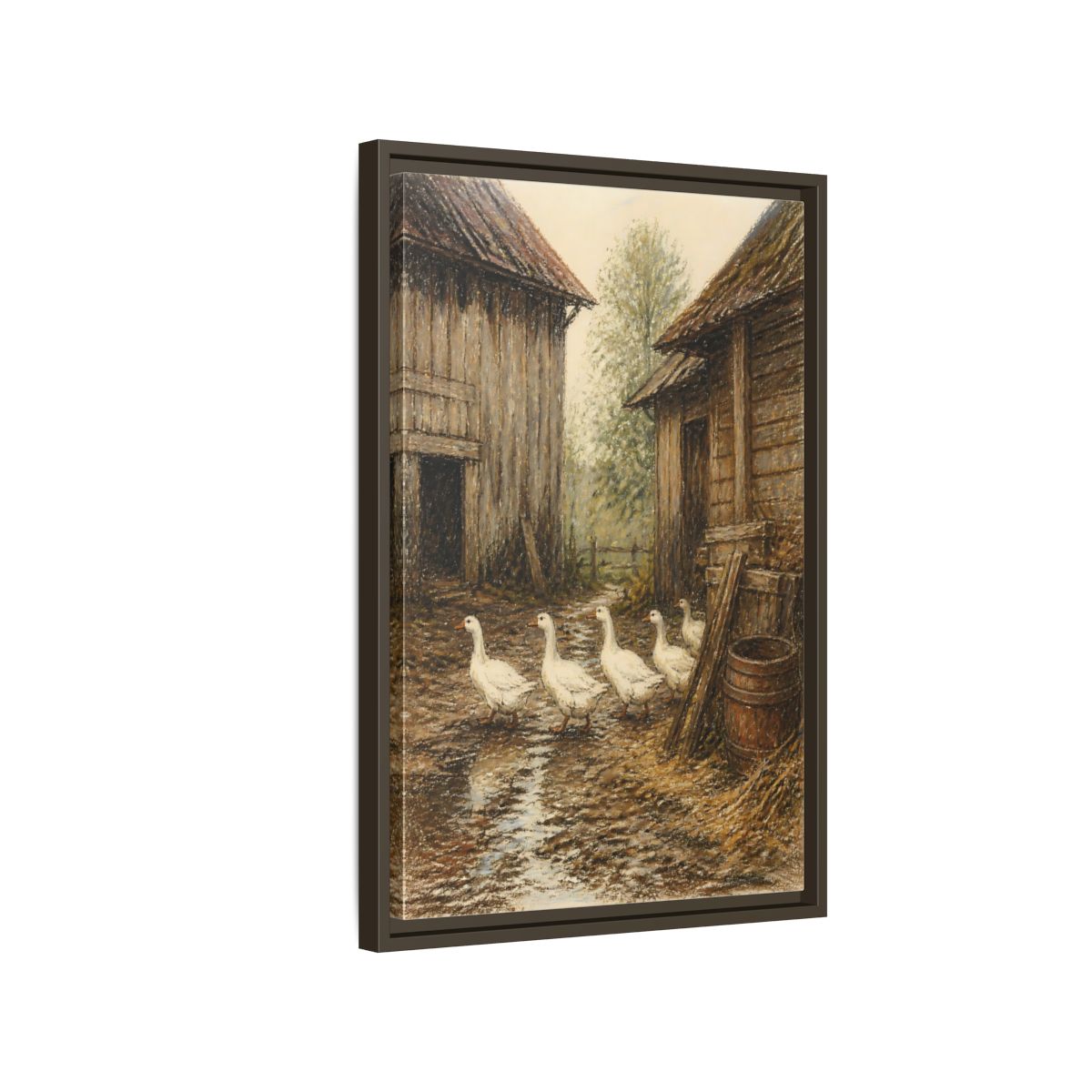Side Mockup 2. Rustic Geese Farmyard shown as framed canvas print