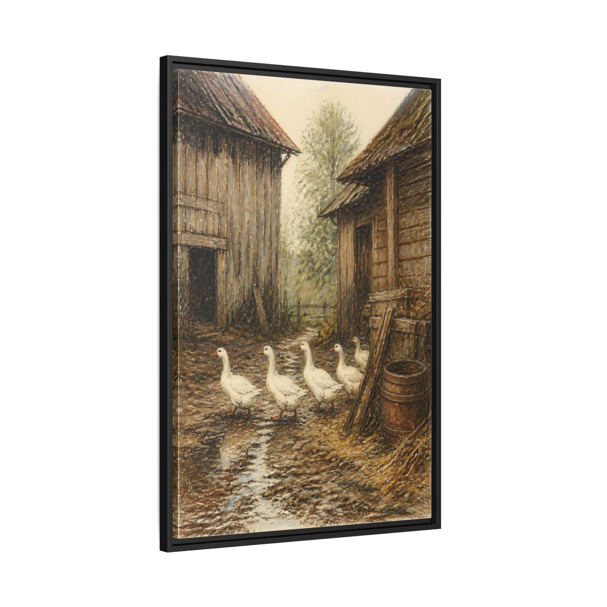 Side Mockup 13. Rustic Geese Farmyard shown as framed canvas print