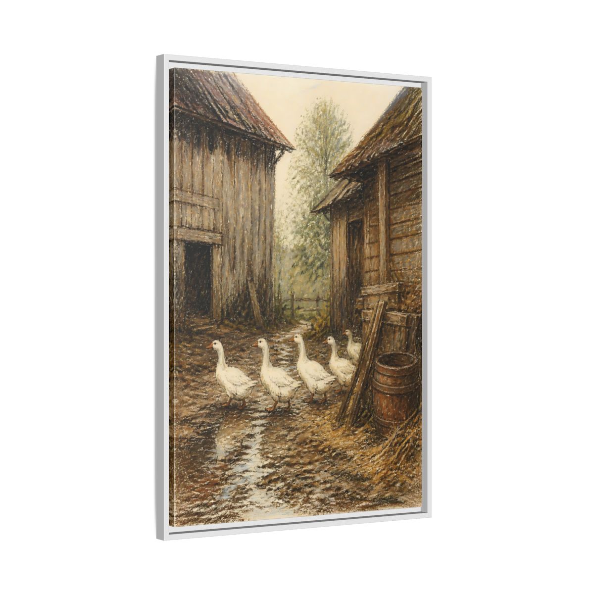 Side Mockup 9. Rustic Geese Farmyard shown as framed canvas print