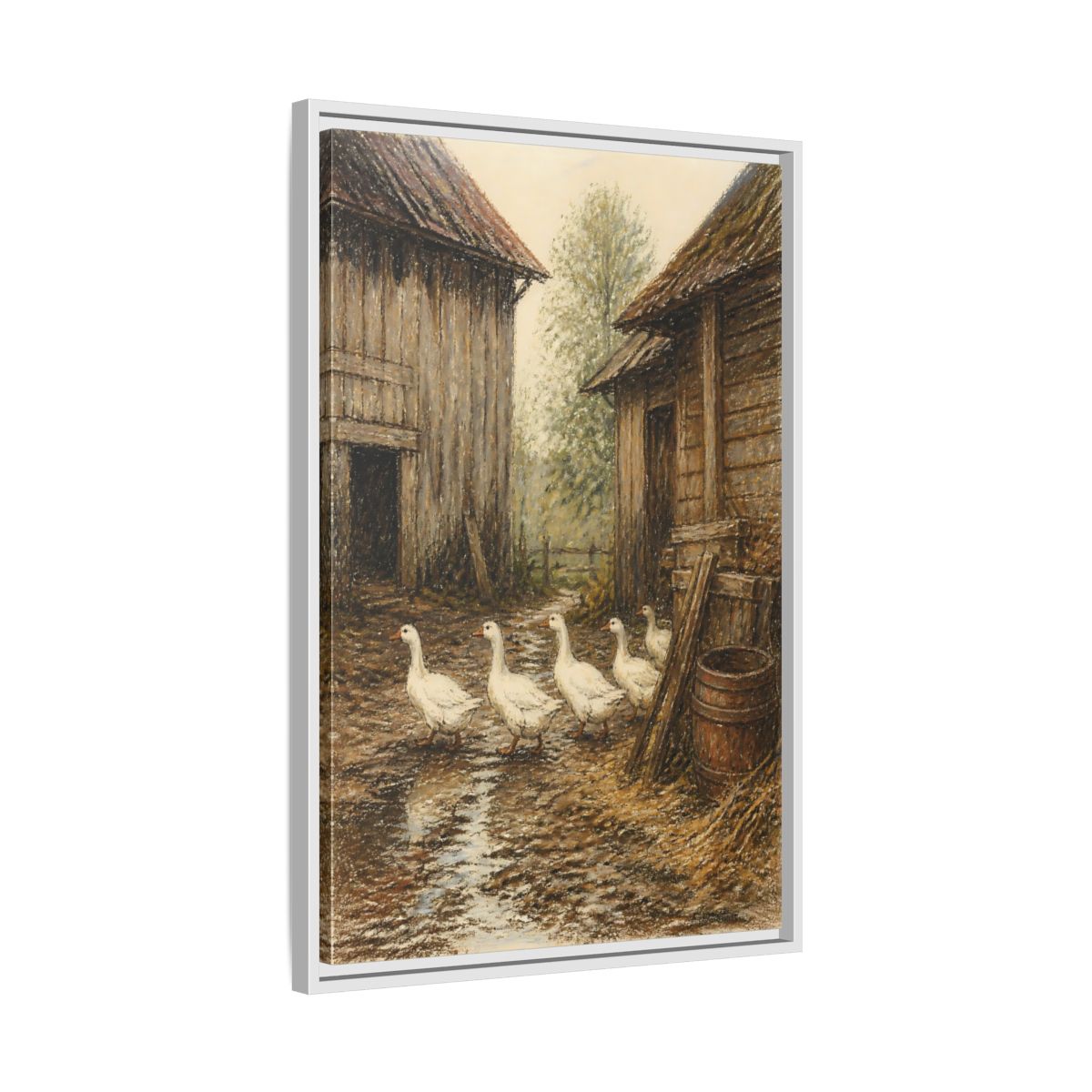 Side Mockup 10. Rustic Geese Farmyard shown as framed canvas print